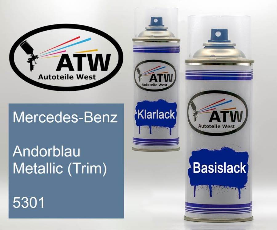 Mercedes-Benz, Andorblau Metallic (Trim), 5301: 400ml Sprühdose + 400ml Klarlack - Set, von ATW Autoteile West.